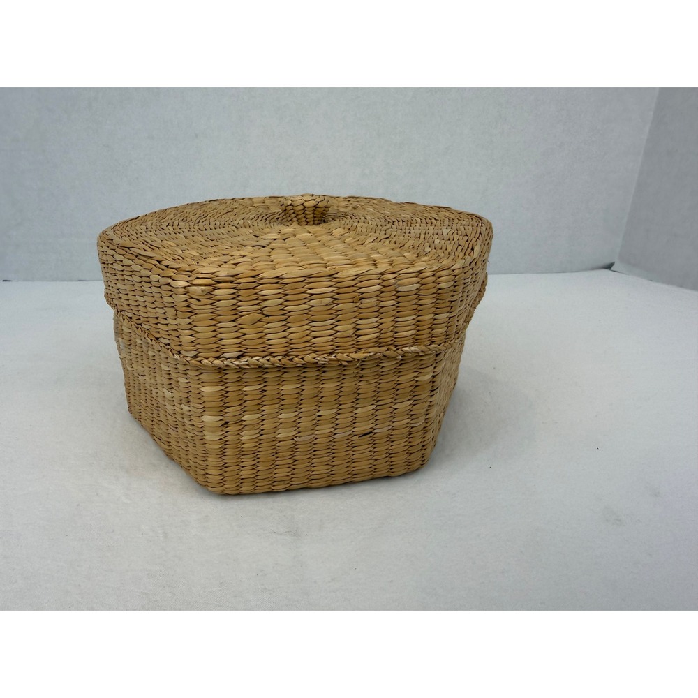 Vintage Cottage Hexagon Woven Seagrass Basket w/Lid Boho Storage Decorative Box